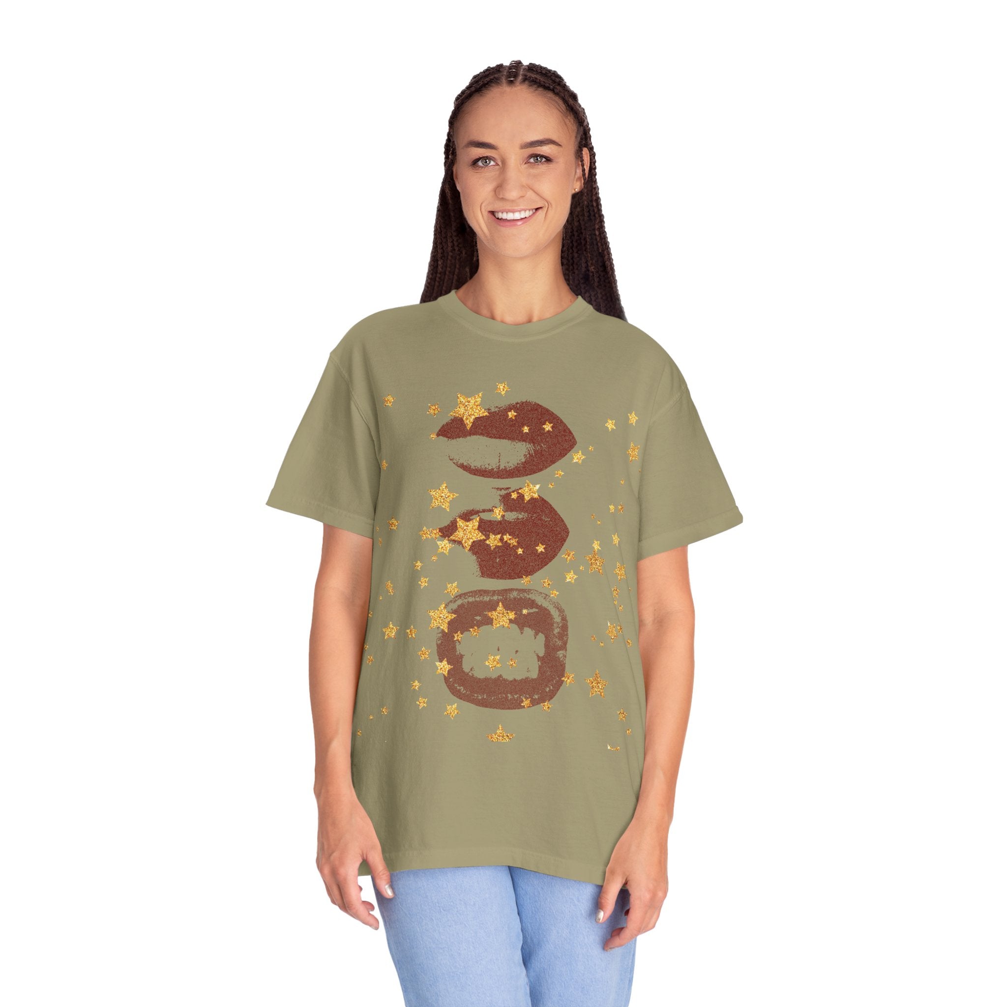Lip Print Moon Phases T-Shirt — Retro Gold Stars Graphic Tee