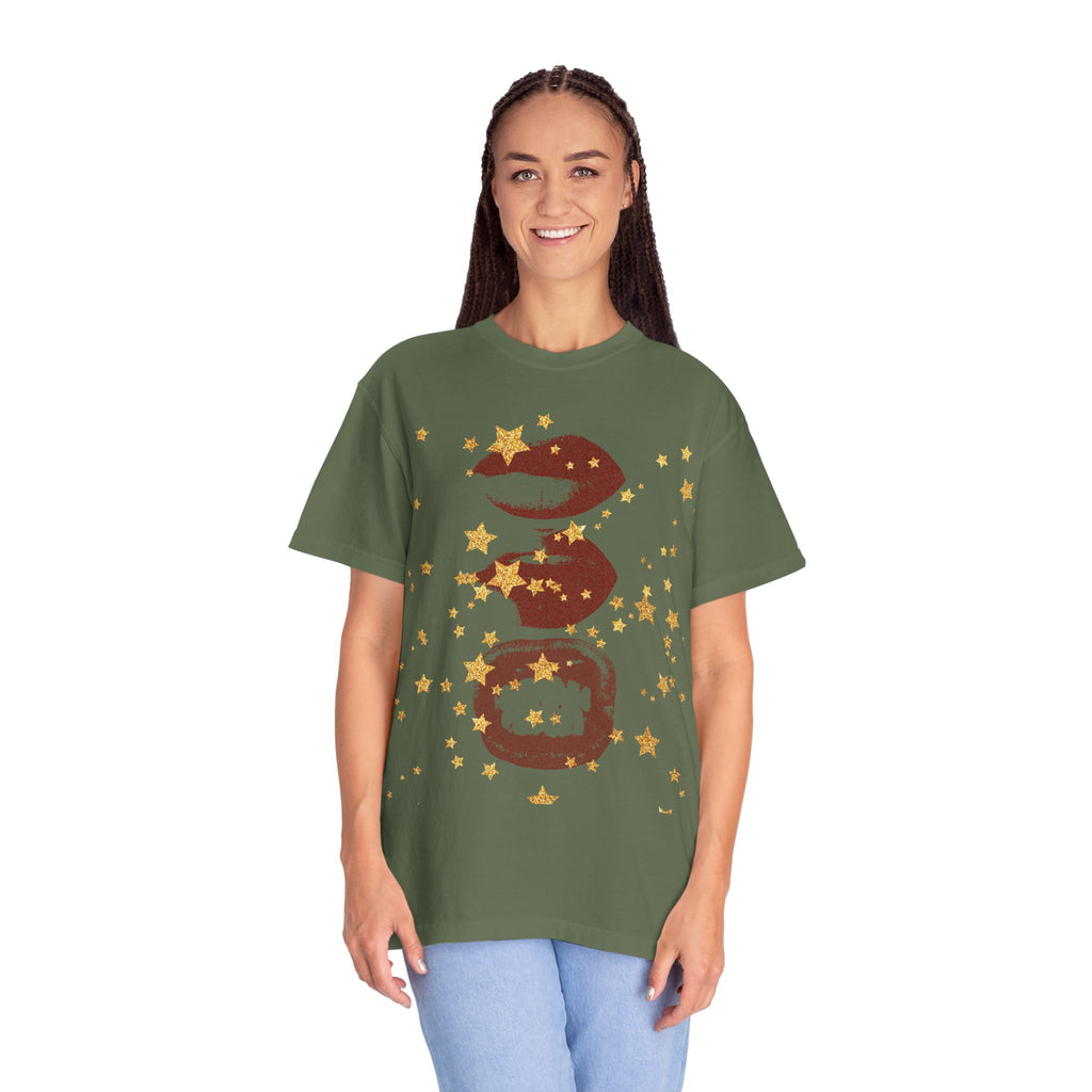 Lip Print Moon Phases T-Shirt — Retro Gold Stars Graphic Tee