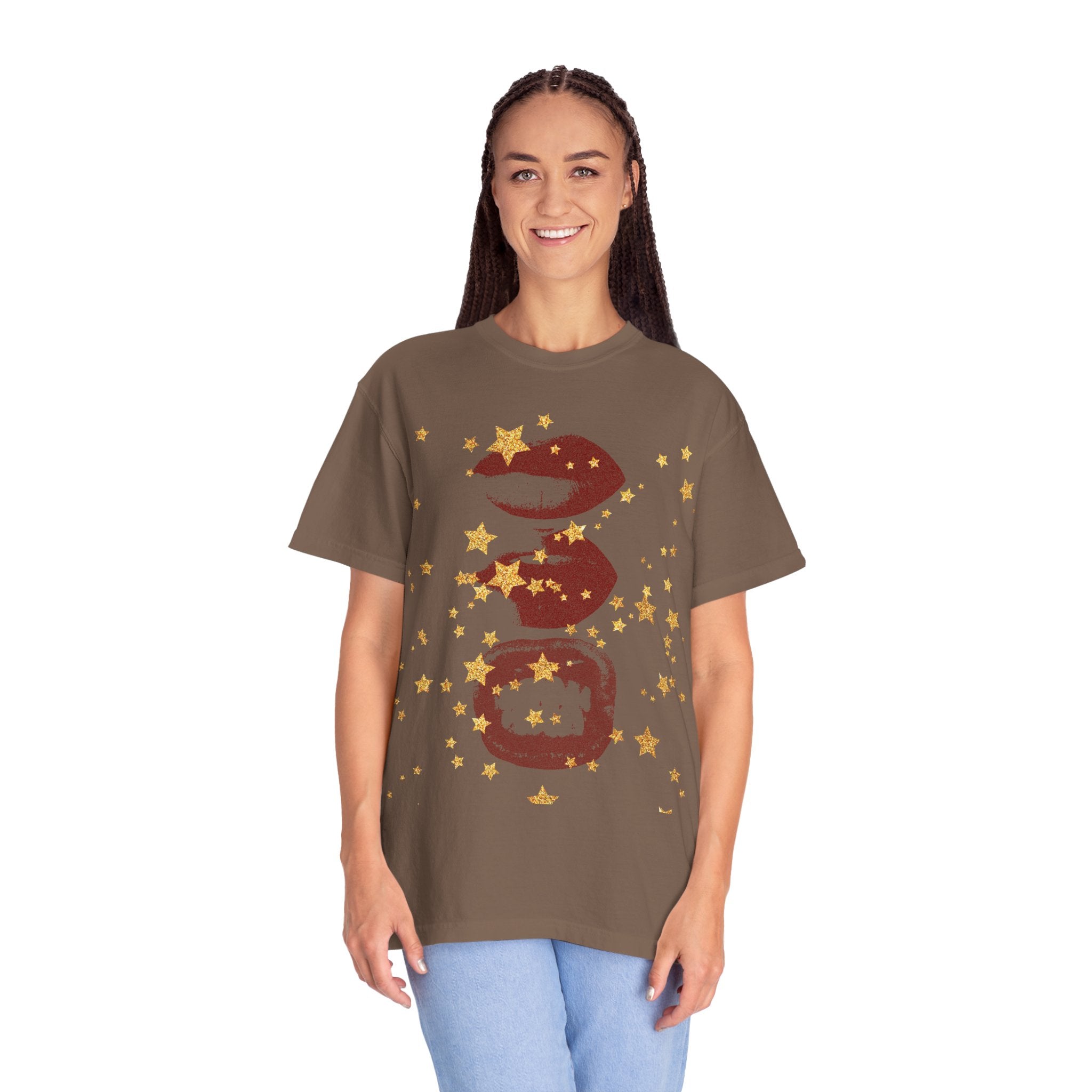 Lip Print Moon Phases T-Shirt — Retro Gold Stars Graphic Tee