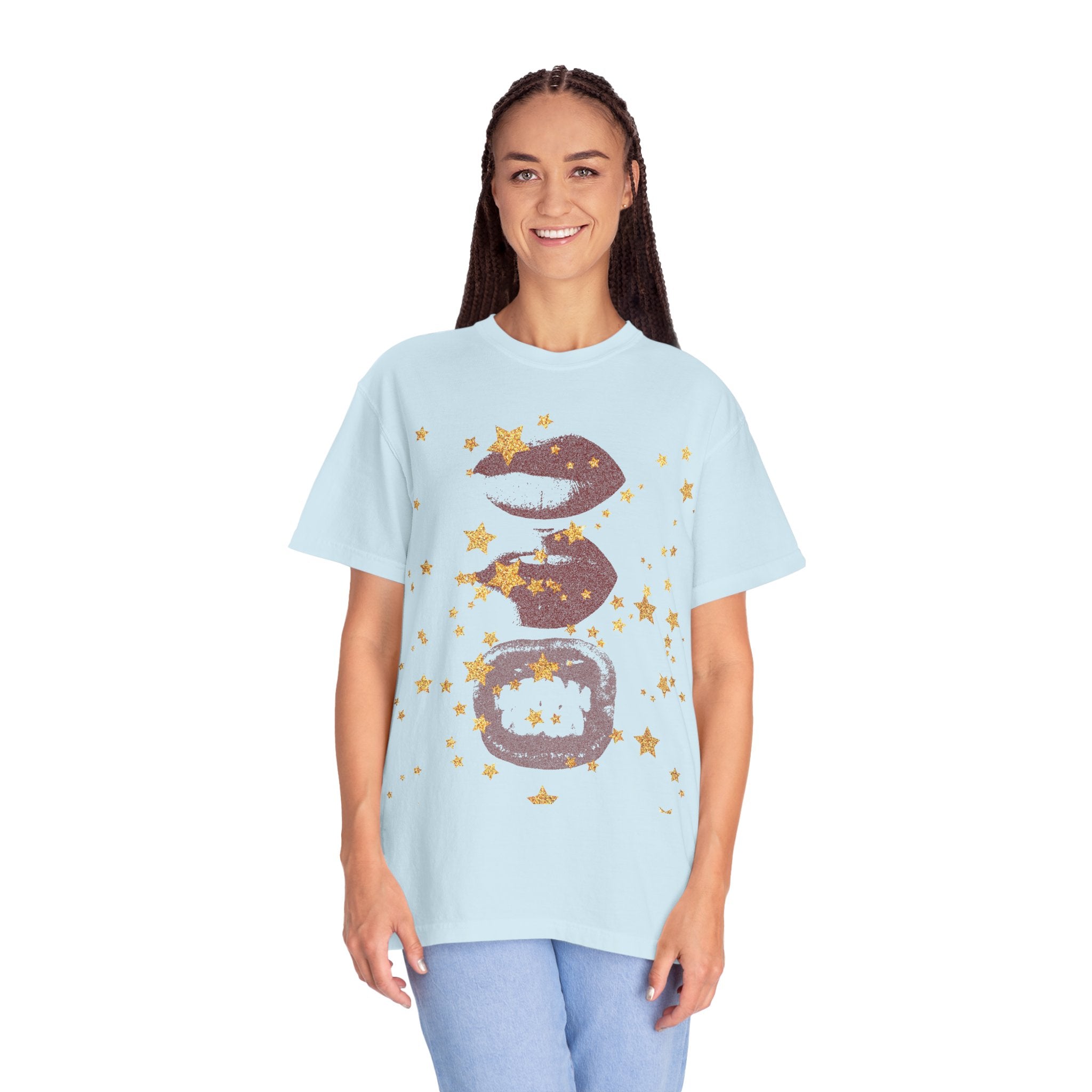 Lip Print Moon Phases T-Shirt — Retro Gold Stars Graphic Tee