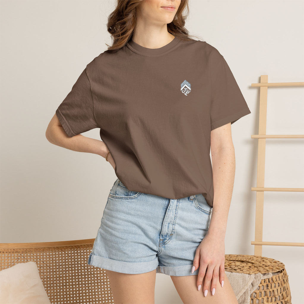 Golden Sunrise Tee — Small Floral Heart Chest Graphic