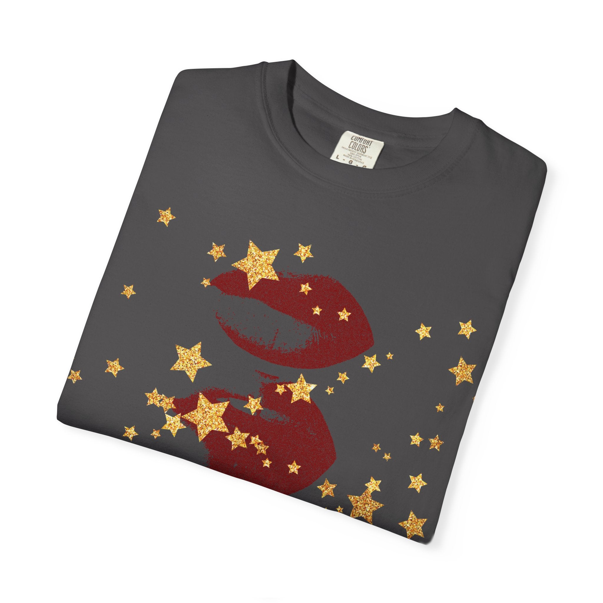 Lip Print Moon Phases T-Shirt — Retro Gold Stars Graphic Tee