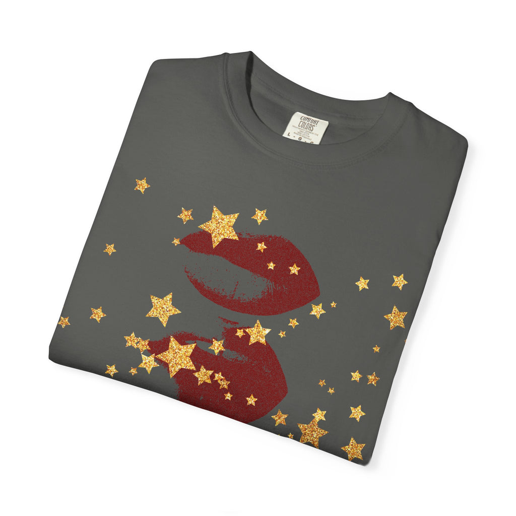 Lip Print Moon Phases T-Shirt — Retro Gold Stars Graphic Tee