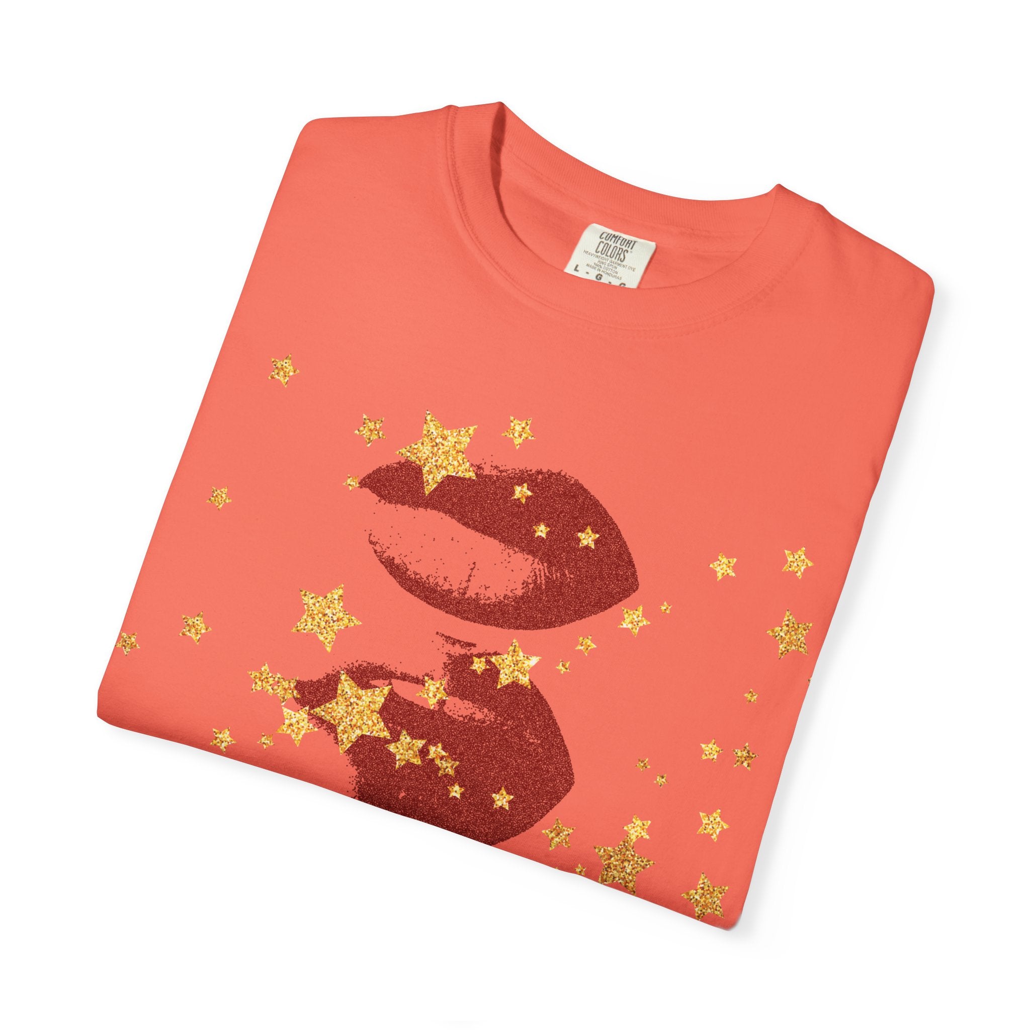 Lip Print Moon Phases T-Shirt — Retro Gold Stars Graphic Tee