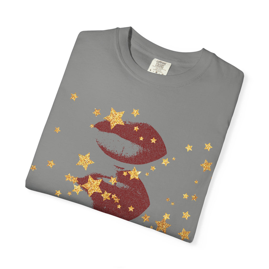 Lip Print Moon Phases T-Shirt — Retro Gold Stars Graphic Tee