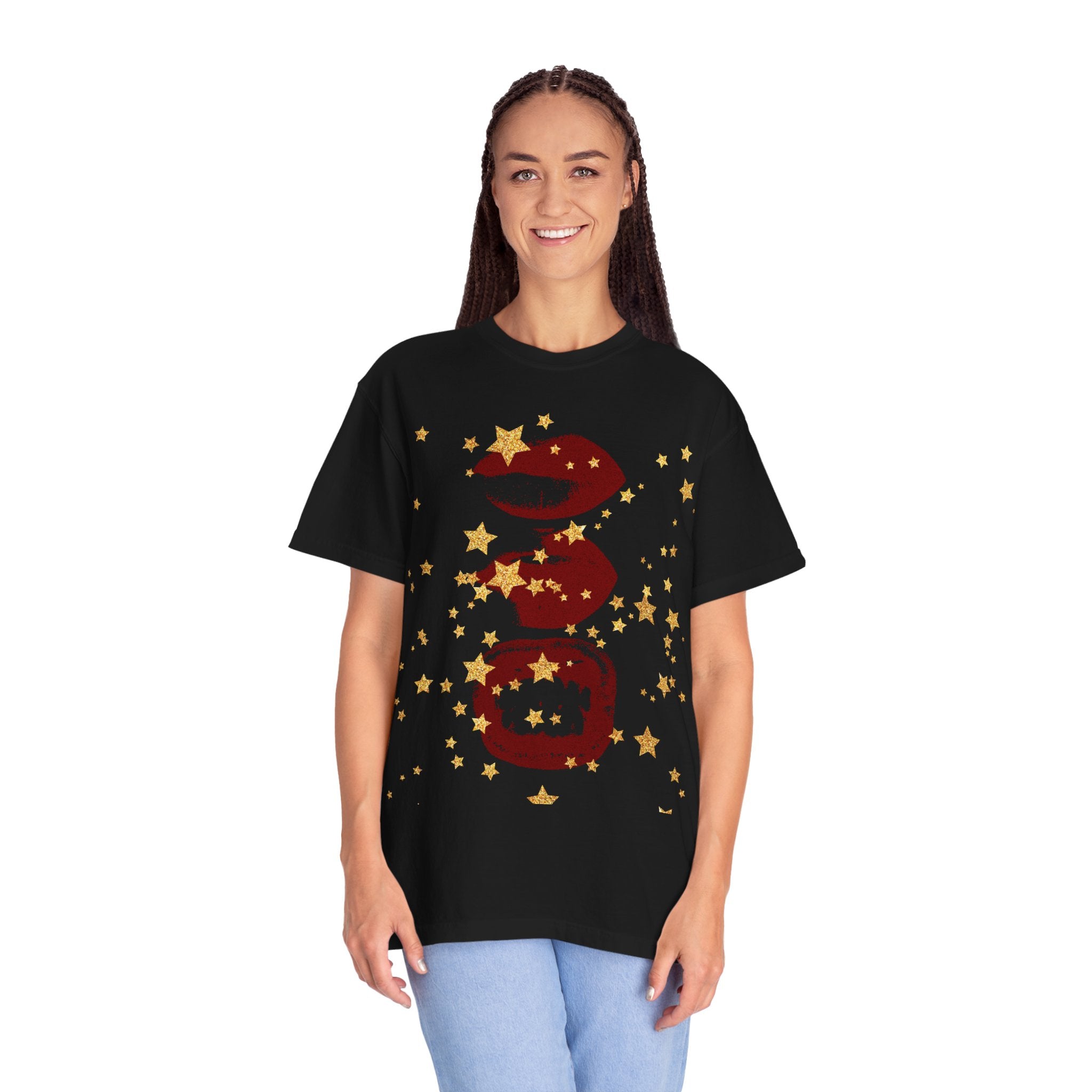 Lip Print Moon Phases T-Shirt — Retro Gold Stars Graphic Tee