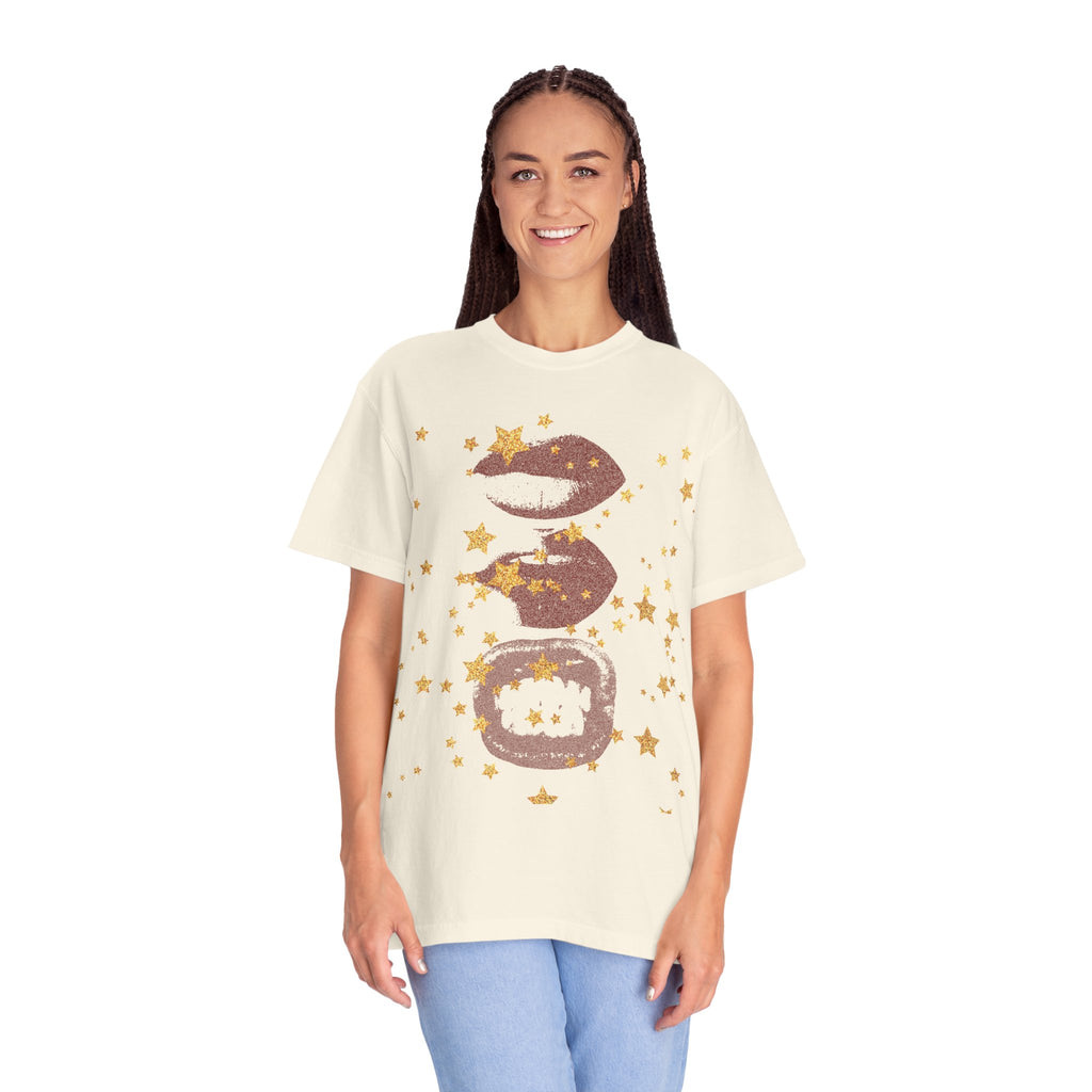 Lip Print Moon Phases T-Shirt — Retro Gold Stars Graphic Tee