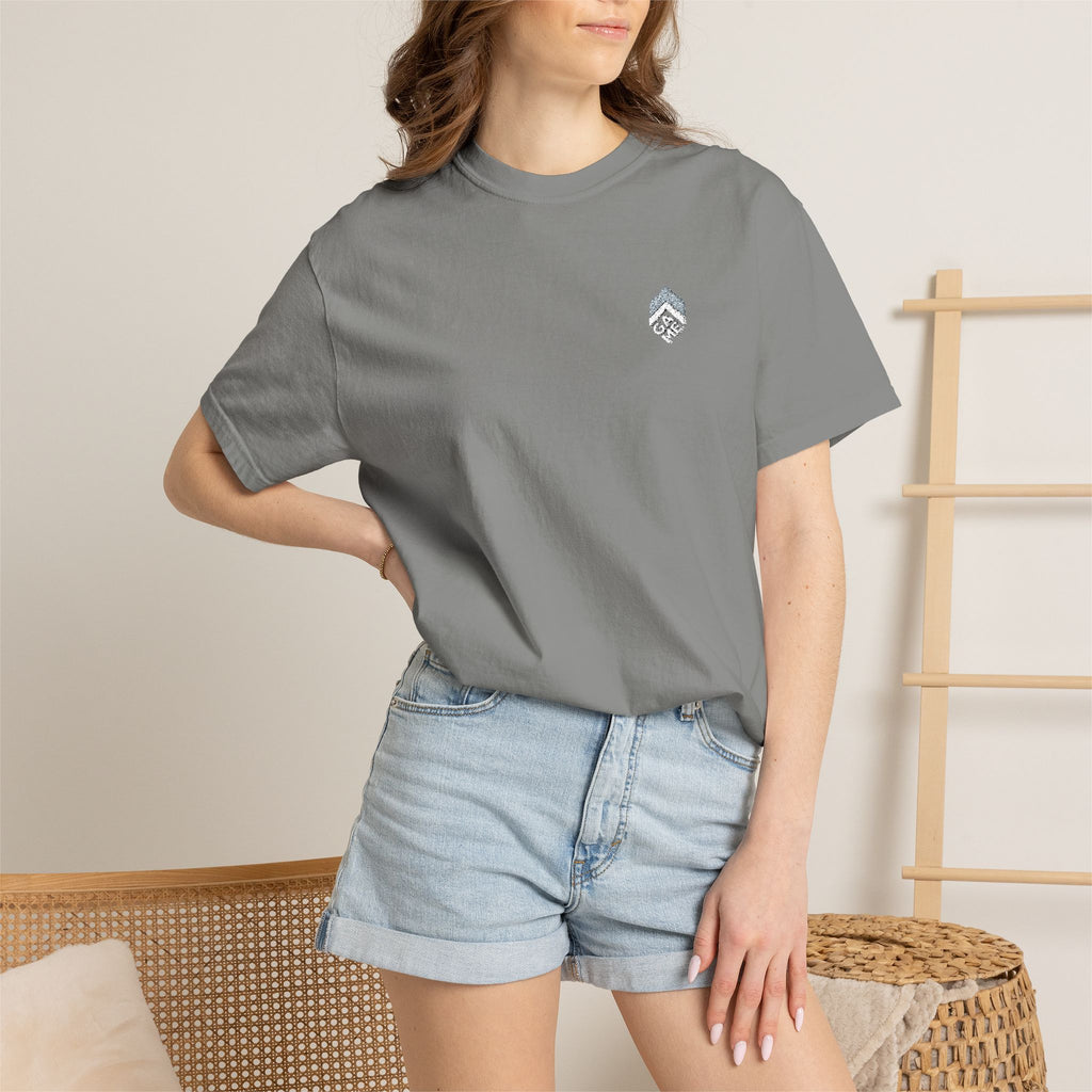 Golden Sunrise Tee — Small Floral Heart Chest Graphic