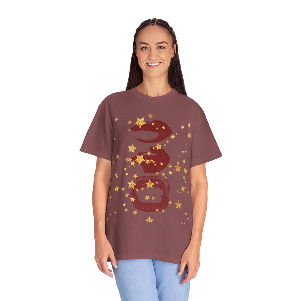 Lip Print Moon Phases T-Shirt — Retro Gold Stars Graphic Tee