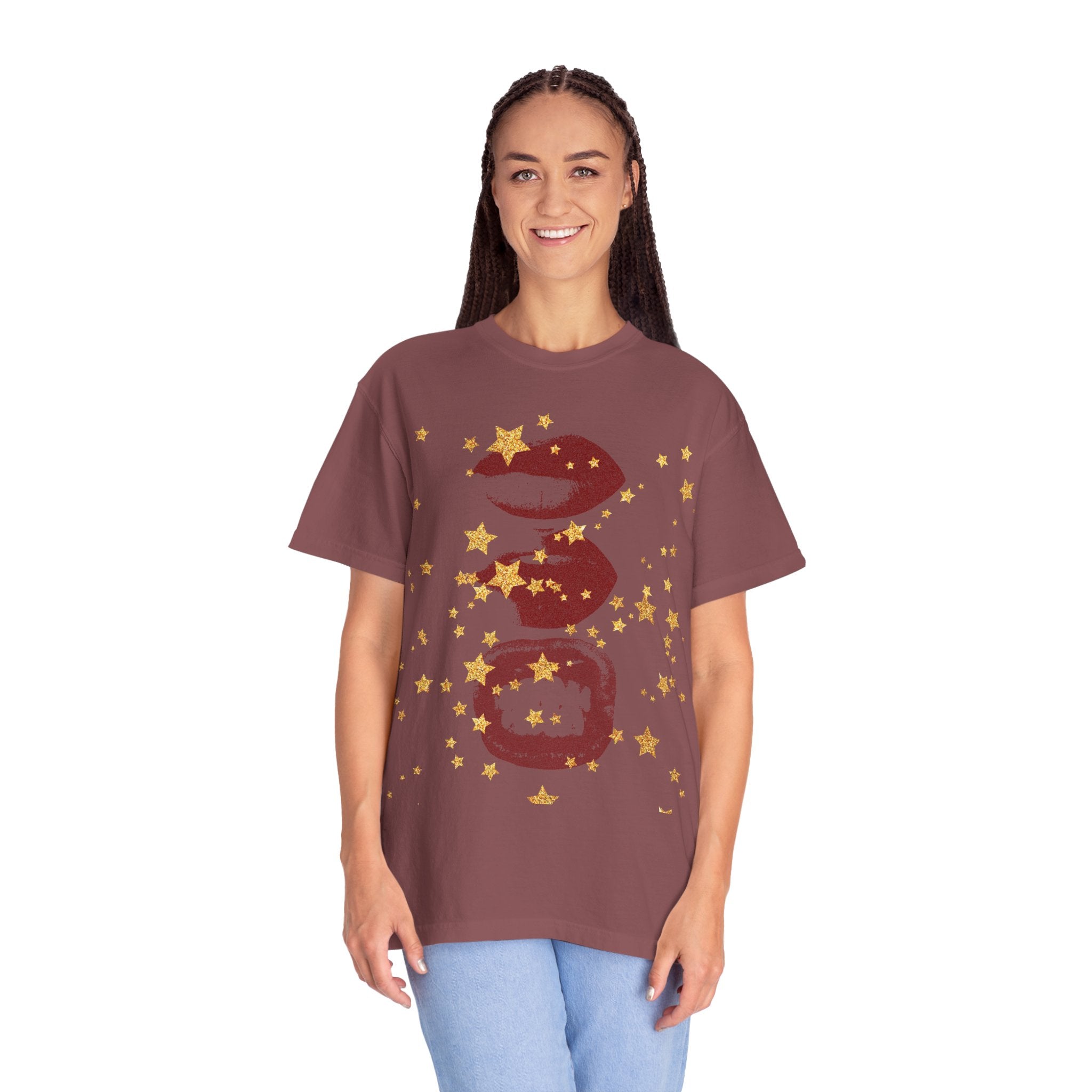 Lip Print Moon Phases T-Shirt — Retro Gold Stars Graphic Tee
