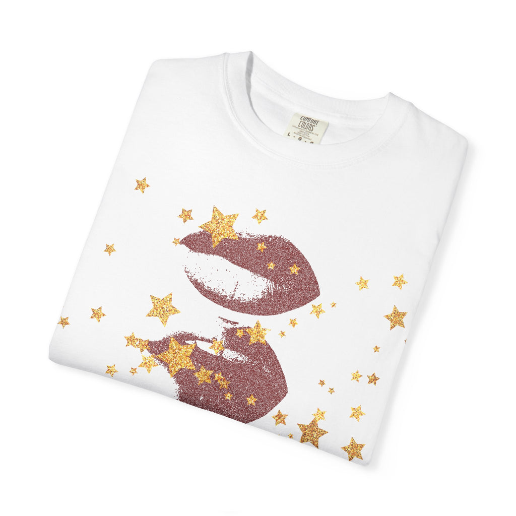 Lip Print Moon Phases T-Shirt — Retro Gold Stars Graphic Tee