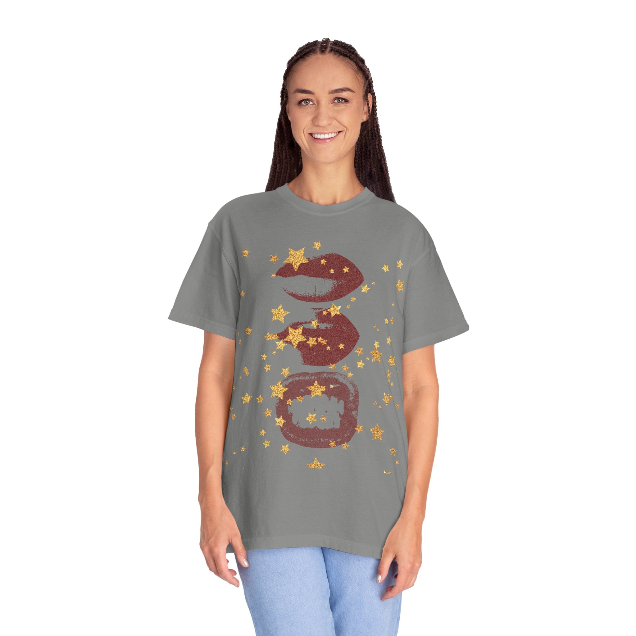 Lip Print Moon Phases T-Shirt — Retro Gold Stars Graphic Tee