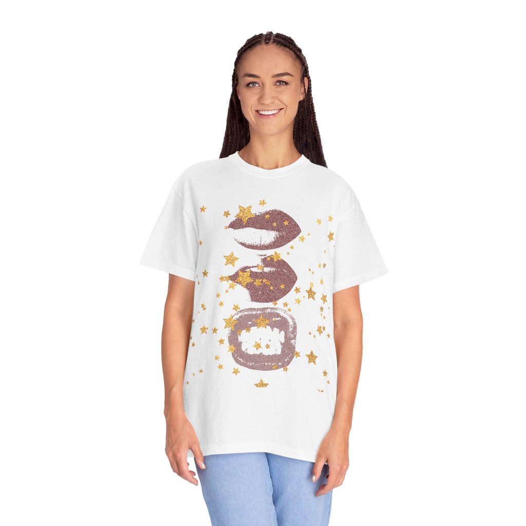 Lip Print Moon Phases T-Shirt — Retro Gold Stars Graphic Tee