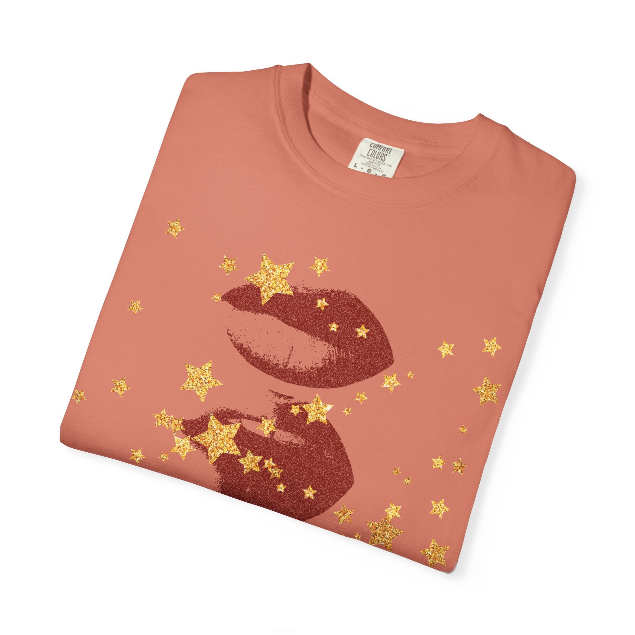 Lip Print Moon Phases T-Shirt — Retro Gold Stars Graphic Tee