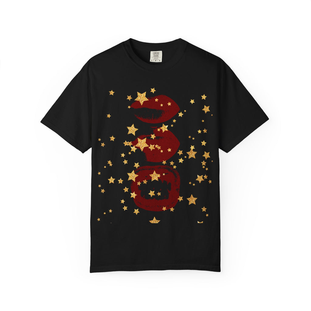 Lip Print Moon Phases T-Shirt — Retro Gold Stars Graphic Tee