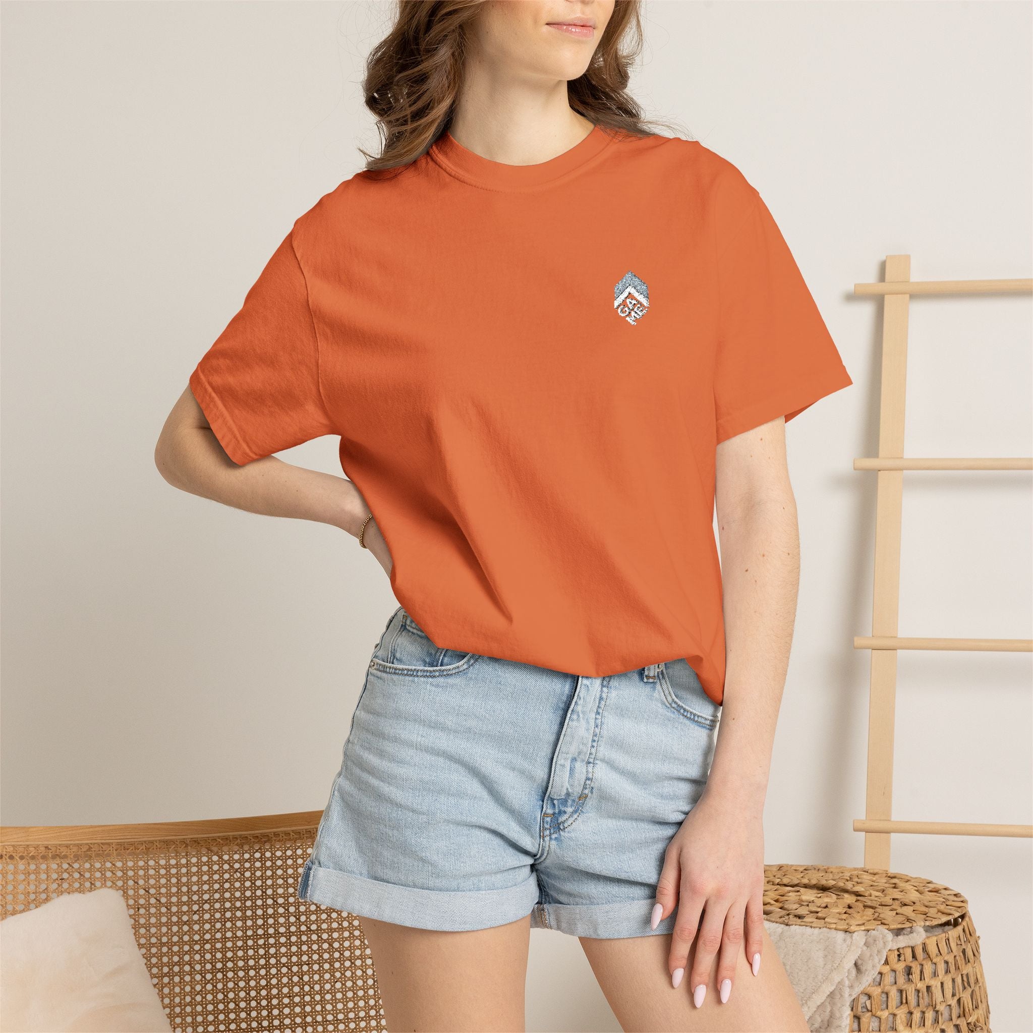 Golden Sunrise Tee — Small Floral Heart Chest Graphic
