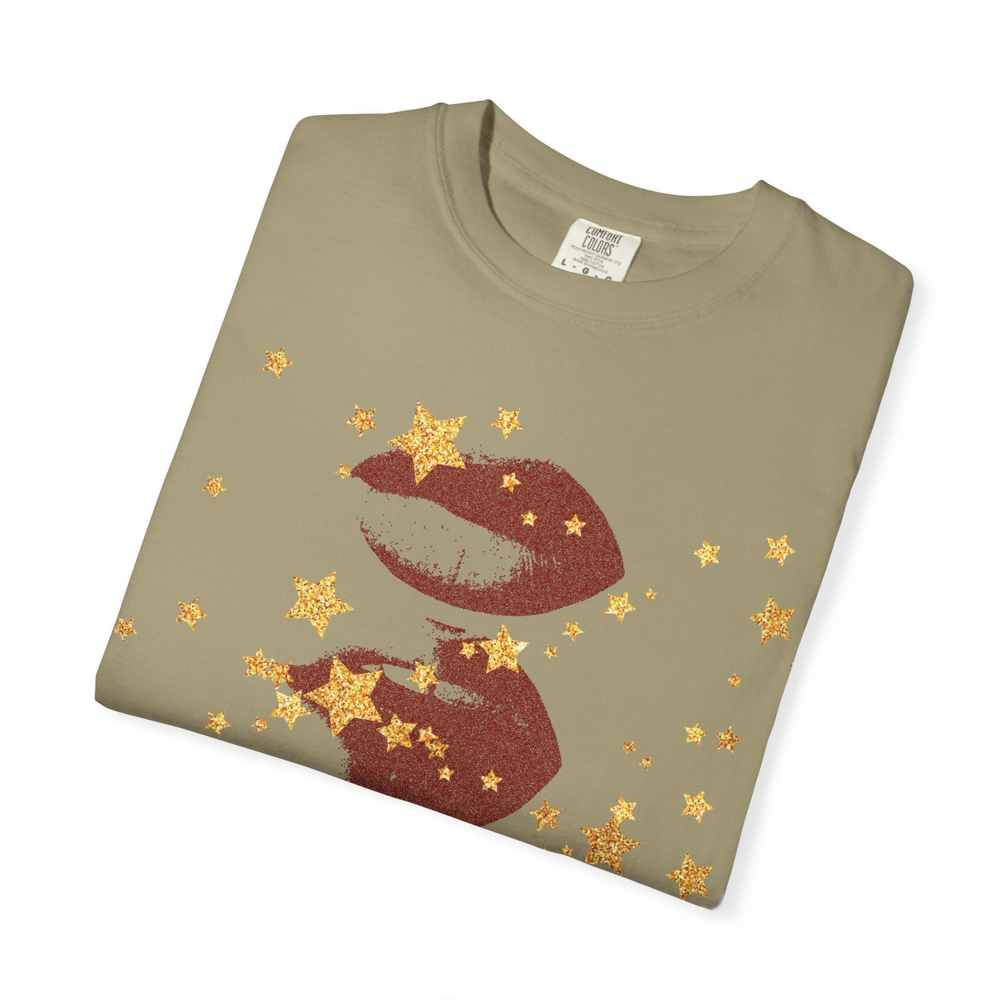 Lip Print Moon Phases T-Shirt — Retro Gold Stars Graphic Tee