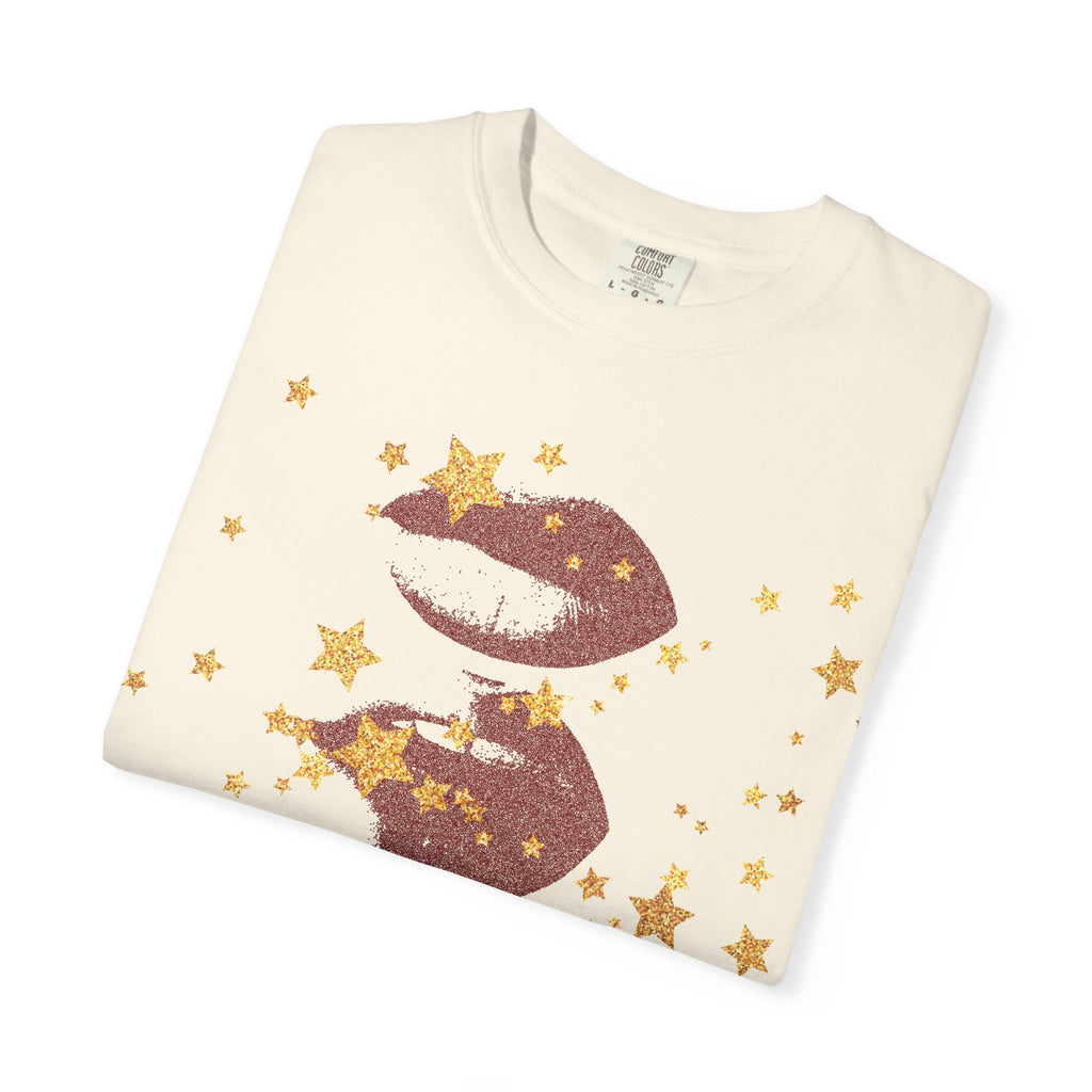 Lip Print Moon Phases T-Shirt — Retro Gold Stars Graphic Tee