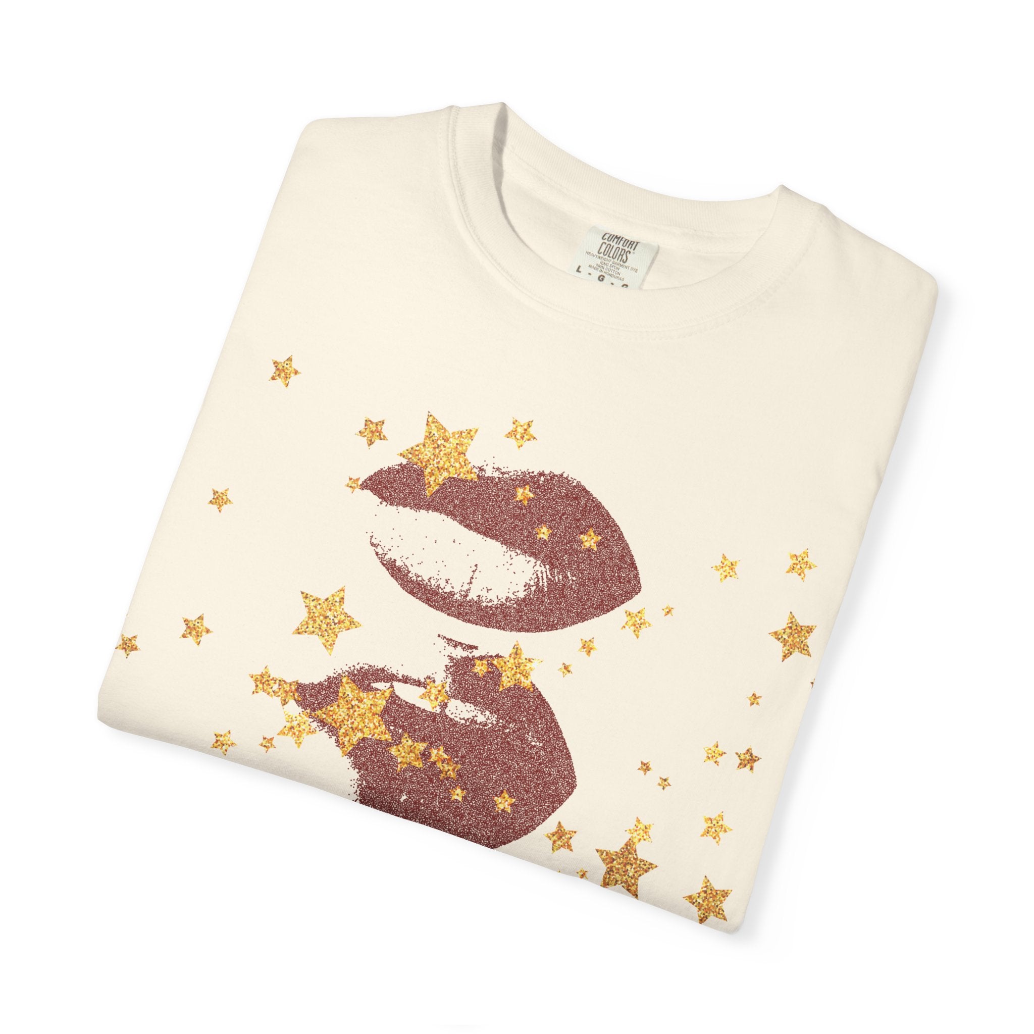 Lip Print Moon Phases T-Shirt — Retro Gold Stars Graphic Tee