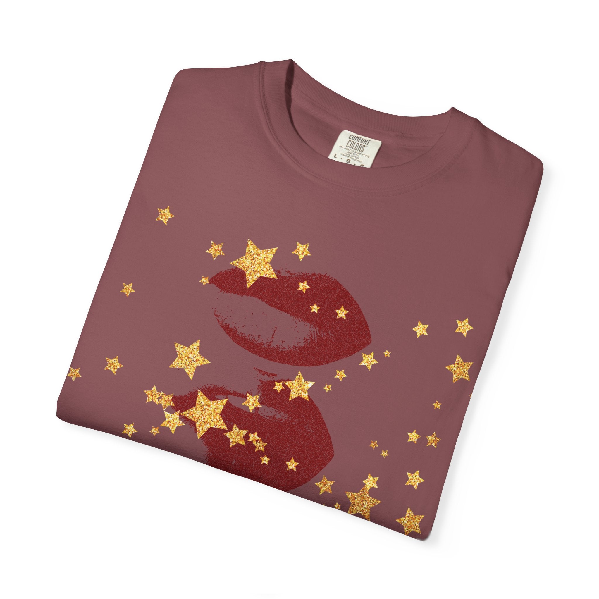 Lip Print Moon Phases T-Shirt — Retro Gold Stars Graphic Tee