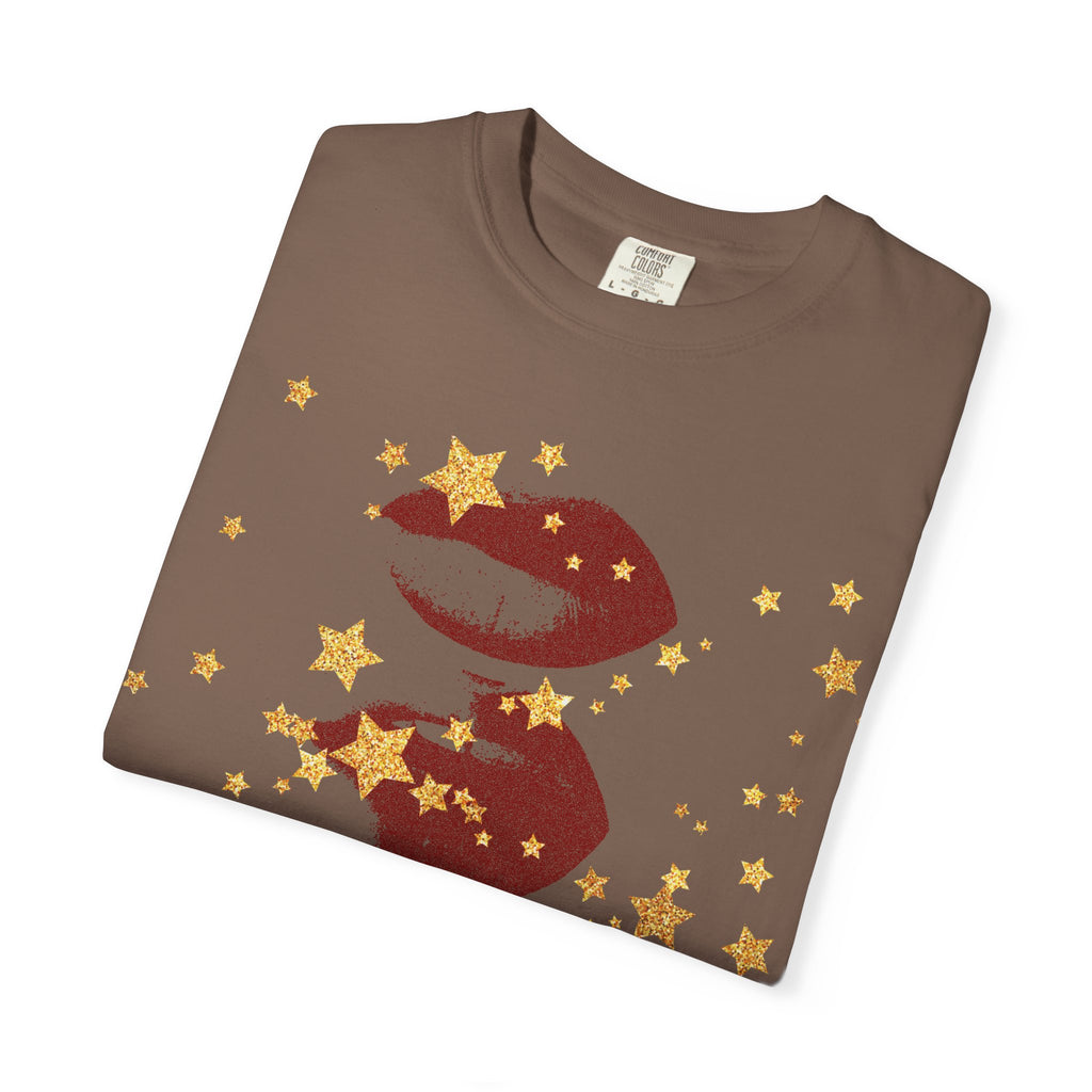 Lip Print Moon Phases T-Shirt — Retro Gold Stars Graphic Tee