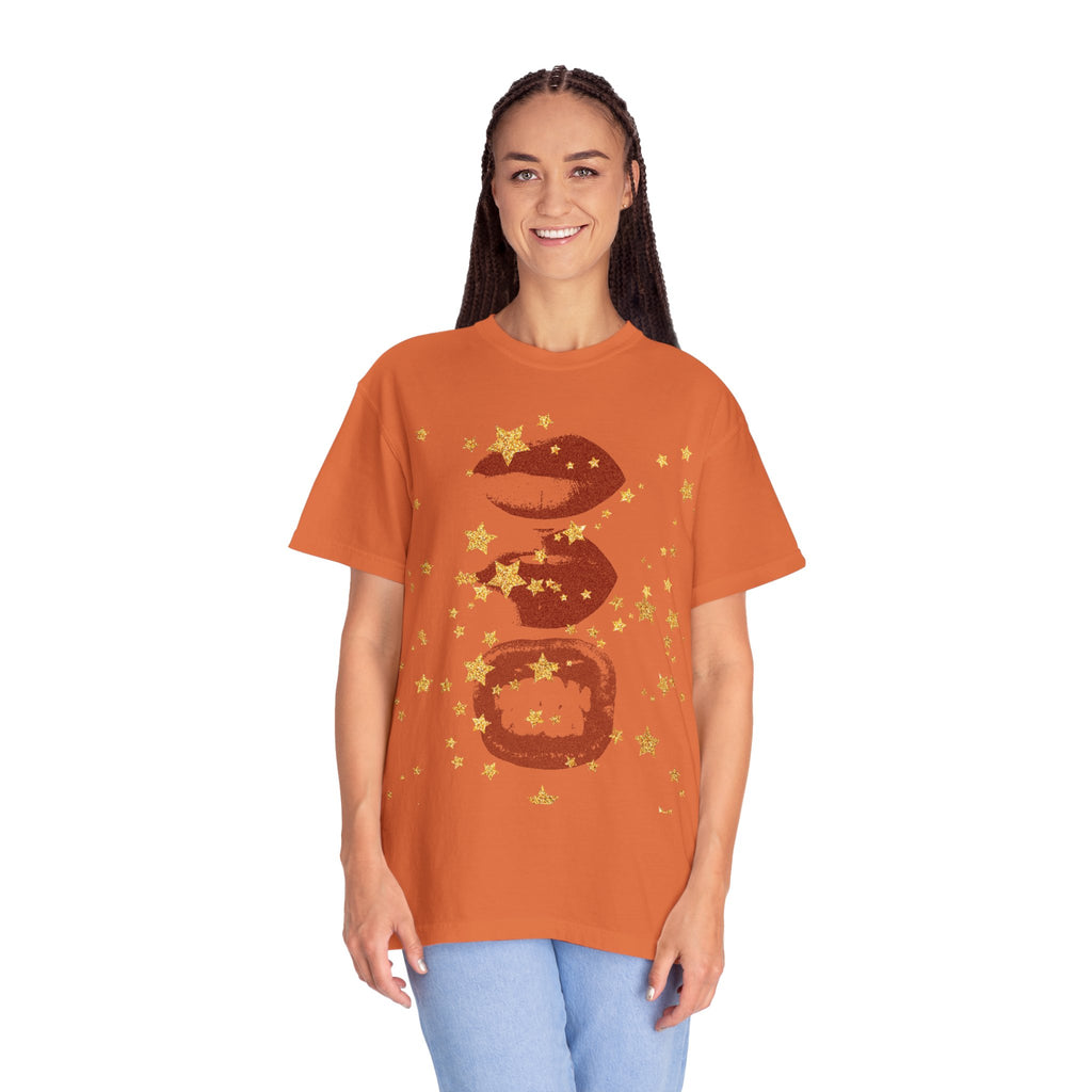 Lip Print Moon Phases T-Shirt — Retro Gold Stars Graphic Tee