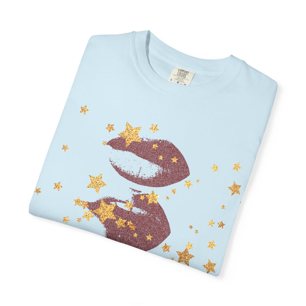 Lip Print Moon Phases T-Shirt — Retro Gold Stars Graphic Tee