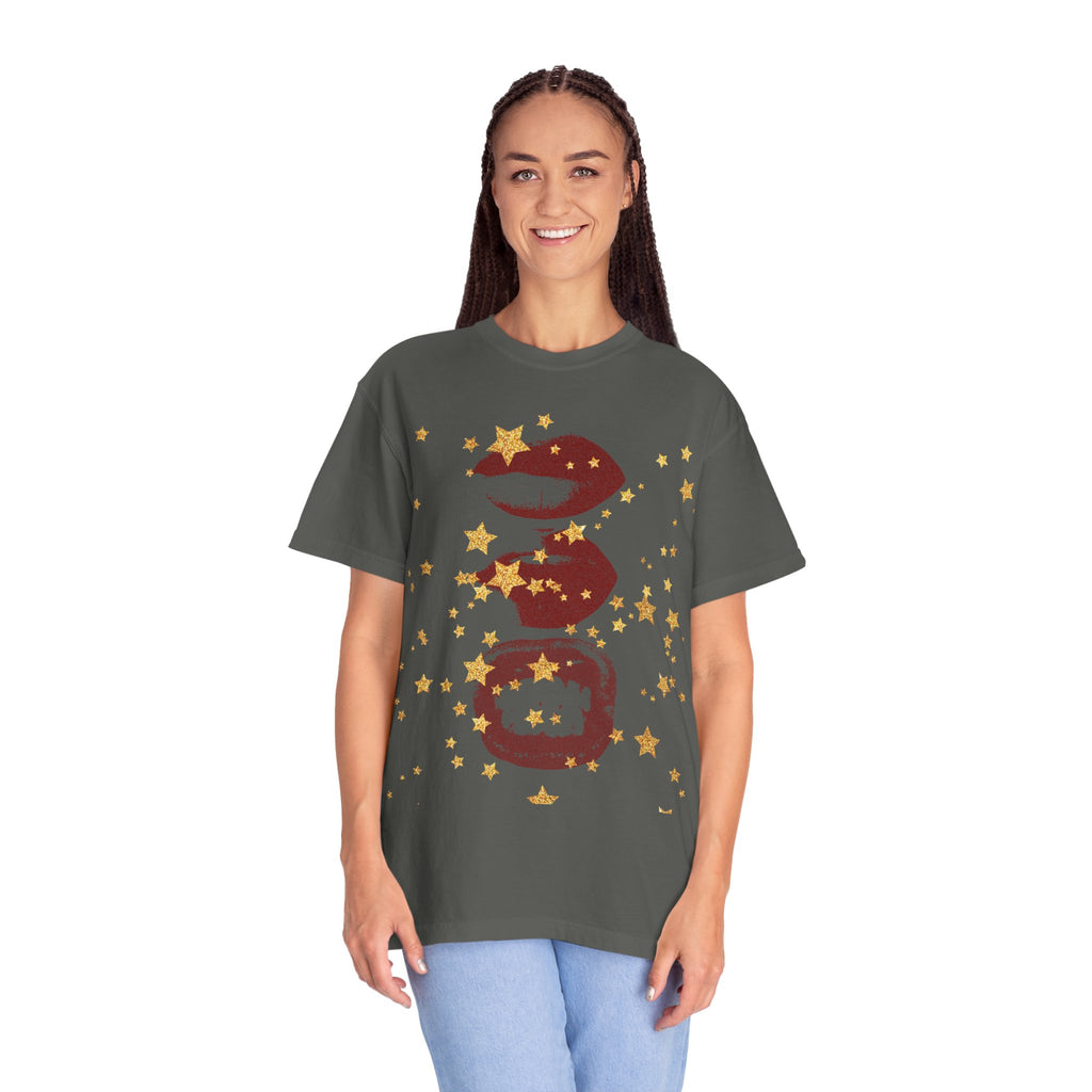 Lip Print Moon Phases T-Shirt — Retro Gold Stars Graphic Tee