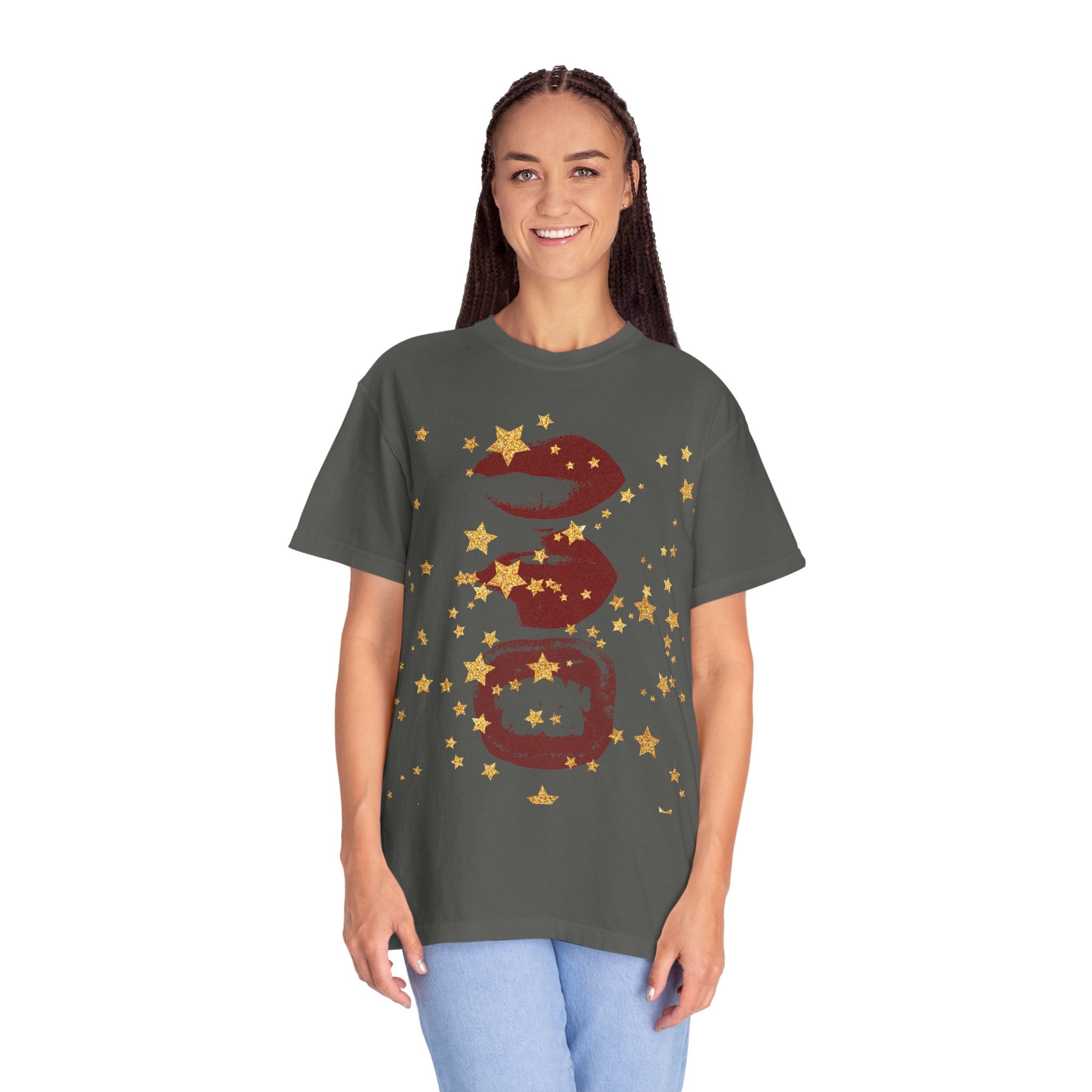 Lip Print Moon Phases T-Shirt — Retro Gold Stars Graphic Tee