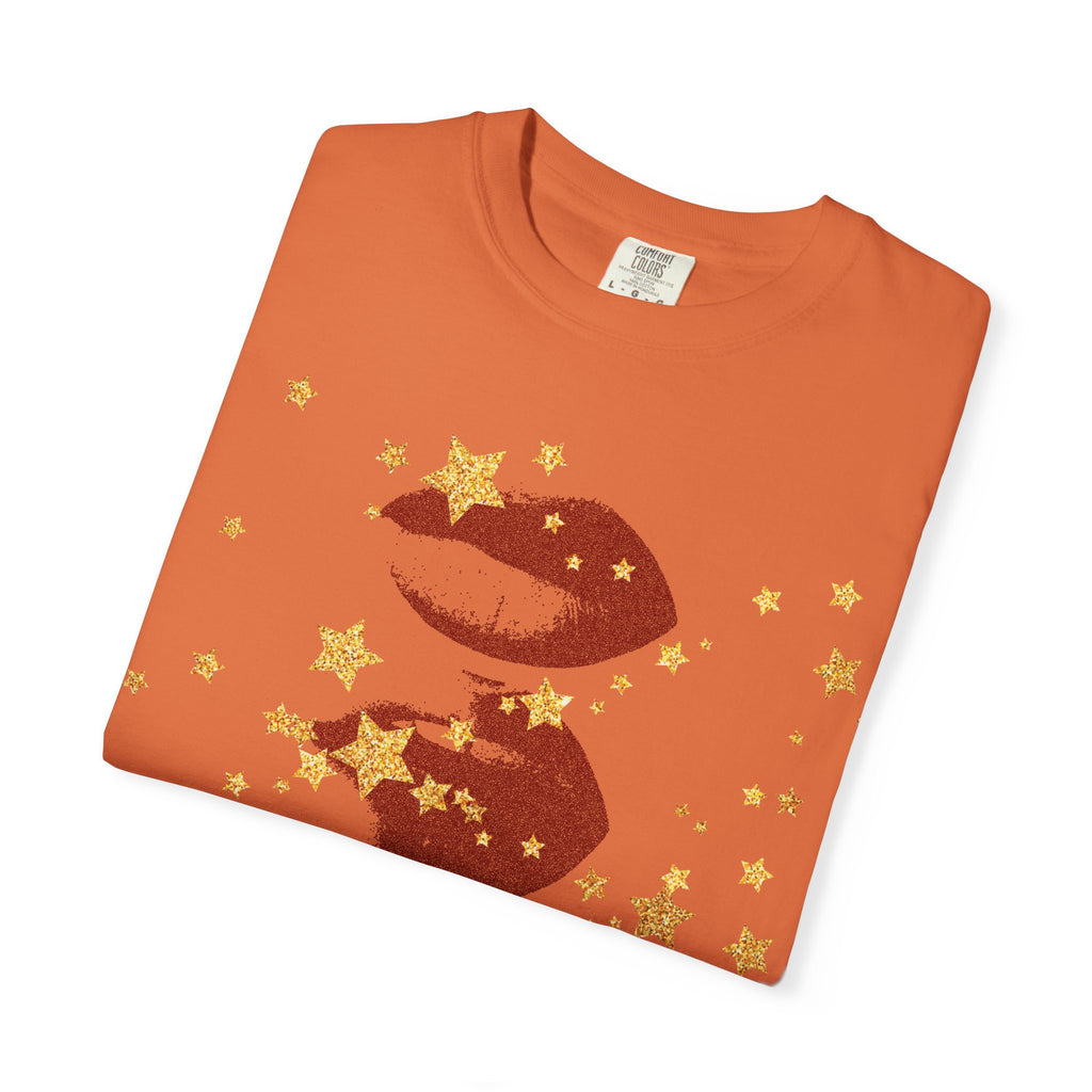Lip Print Moon Phases T-Shirt — Retro Gold Stars Graphic Tee
