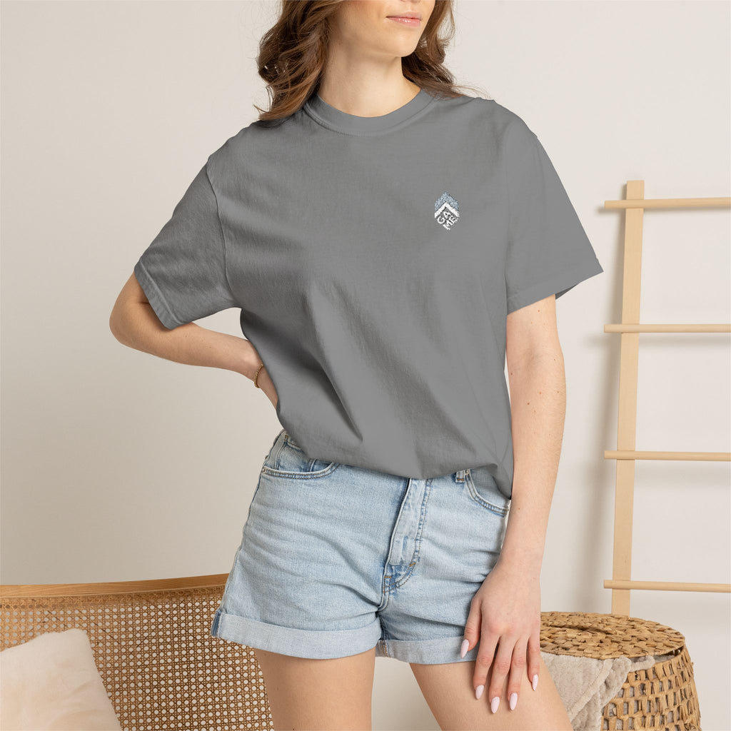 Golden Sunrise Tee — Small Floral Heart Chest Graphic