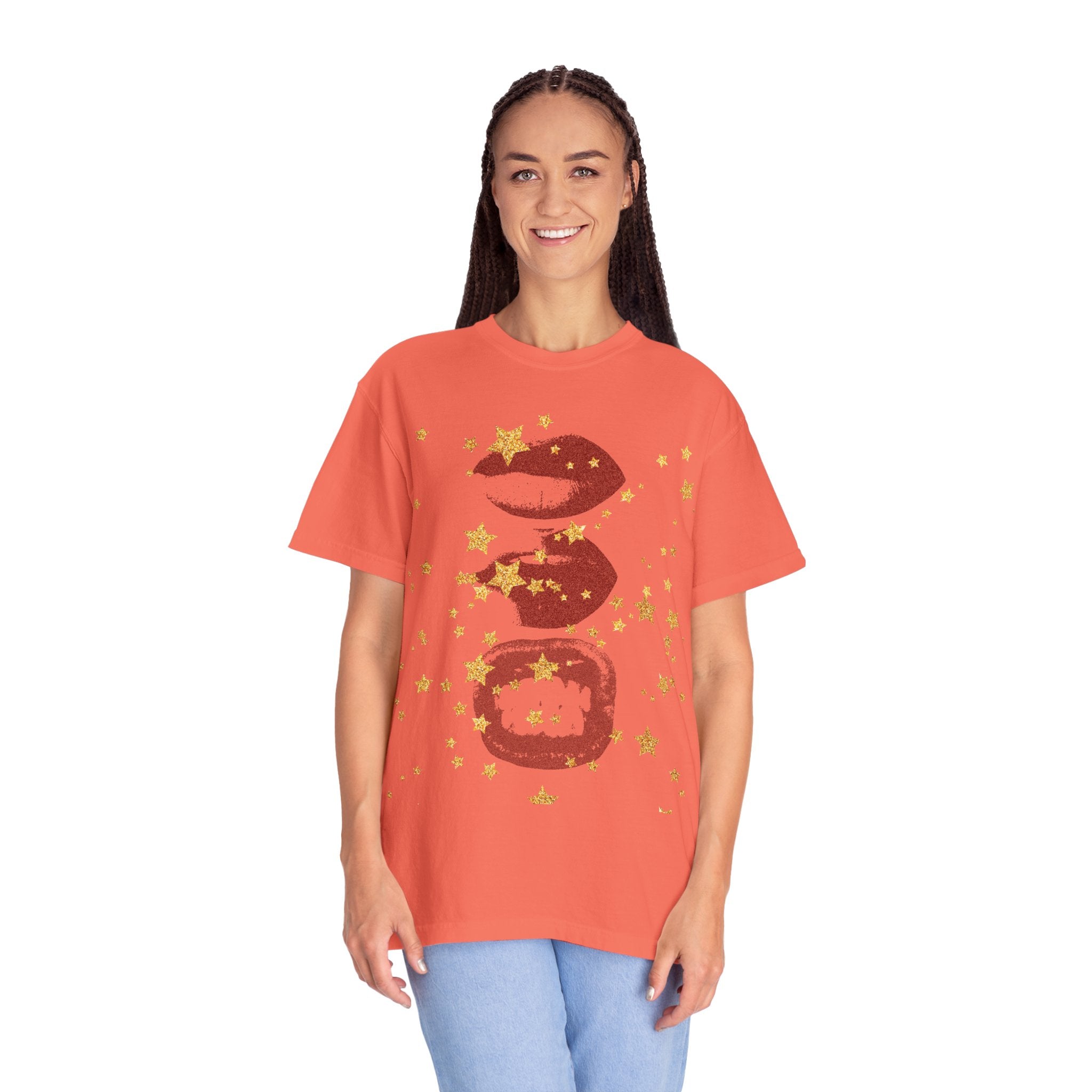 Lip Print Moon Phases T-Shirt — Retro Gold Stars Graphic Tee