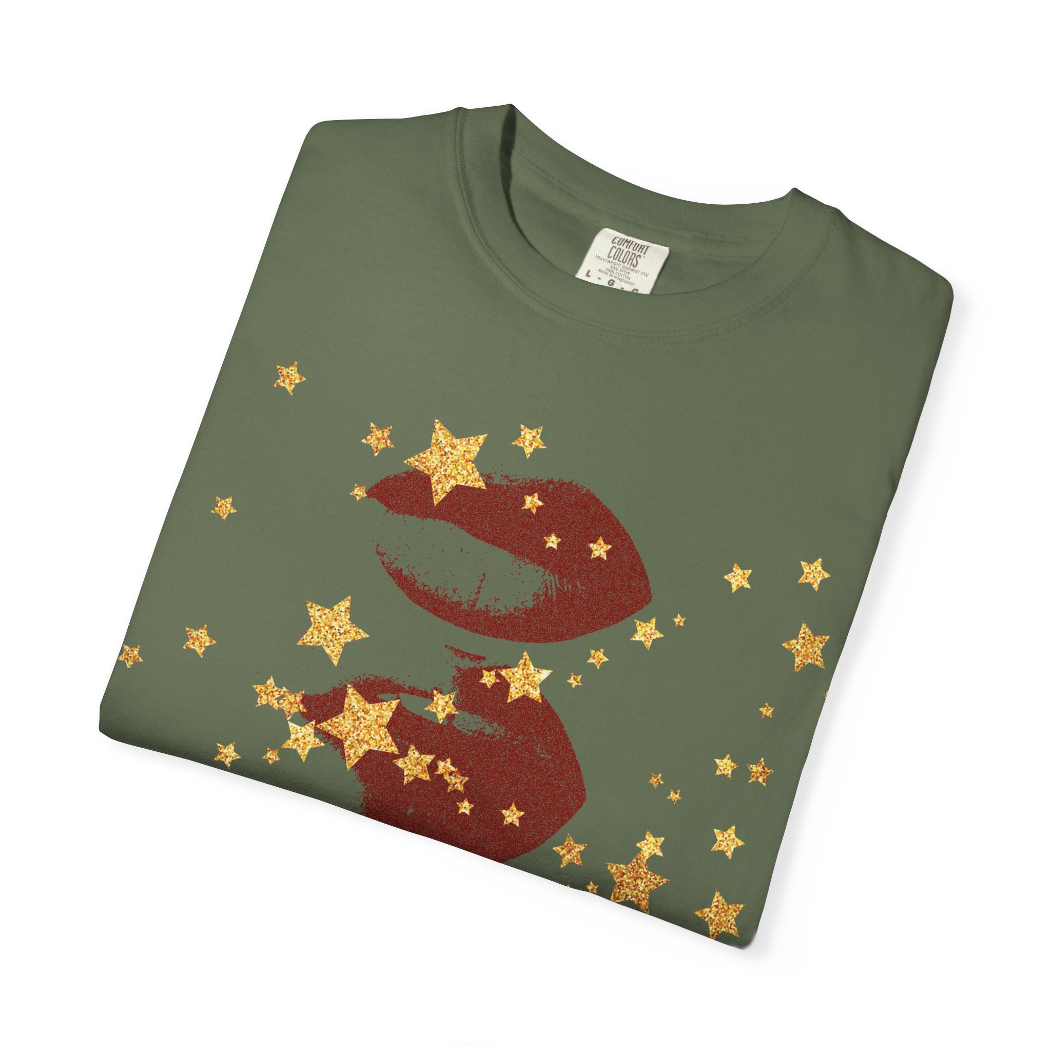Lip Print Moon Phases T-Shirt — Retro Gold Stars Graphic Tee