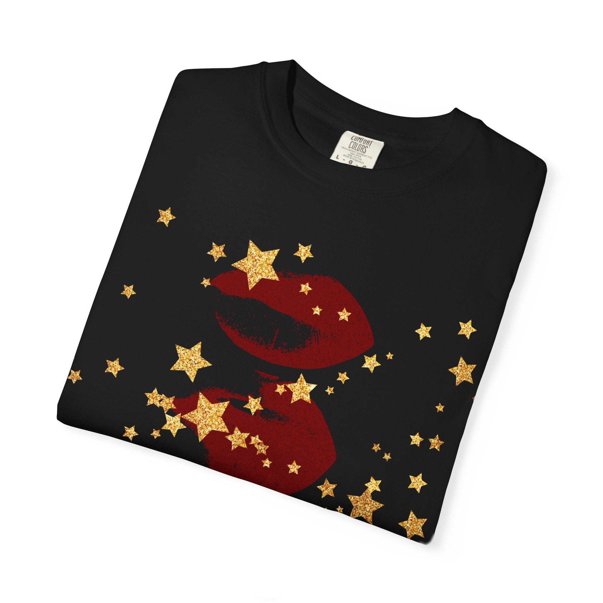 Lip Print Moon Phases T-Shirt — Retro Gold Stars Graphic Tee